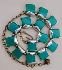 Vintage 50s Or 60s Charel Thermoset Moonglow Necklace Square Link Teal/Turquoise