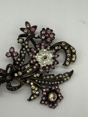 Large Sweet Romance USA Victorian Brooch Pink Rhinestones Faux Pearls 3” VTG