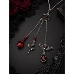 Handmade Gothic Triple Dangle Necklace Heart Pendant with Bat, Rose Red Crystal