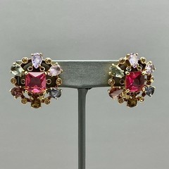 Carolee Lux Earrings Multicolor Crystal Pink Rhinestone Gold Tone Clip On 1.25″