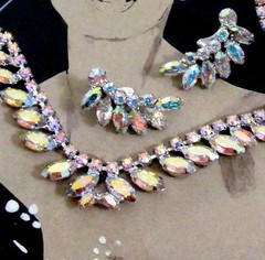 VTG EXQUISITE B DAVID AB RHINESTONE NECKLACE CLIP EARRINGS Prong Set 60s EXC