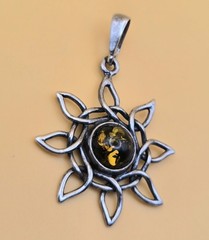 Vintage Sterling Silver 925 Amber Tiger’s Eye Sun Pendant 1″