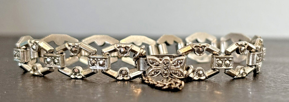Marcasite Oval Link Sterling 7″ Bracelet Safety Chain 15 Grams Butterfly Clasp