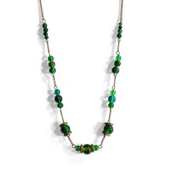 Vintage Necklace Green Art Glass Boho Gold Tone Chain Beaded Handmade Bib 17.75″