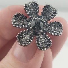 Jeweled Clear And Green Rhinestone On Gun Metal Grey Flower Hat Pin Brooch
