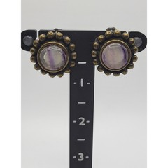 Vintage Signed Graziano Fluorite Clip On Earrings Purple Stone Cabochon Bronze