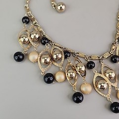Vintage Statement Necklace Black Beaded Fringe Dangles Gold Tone Snail 16.5″