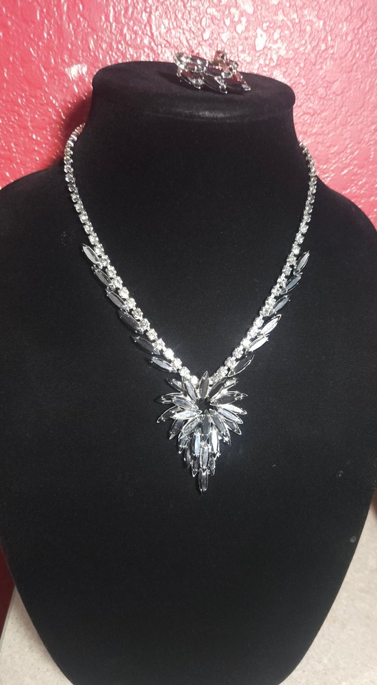 Vintage Juliana D&E Hematite Navette Rhinestone Necklace Earring Set Demi Parure
