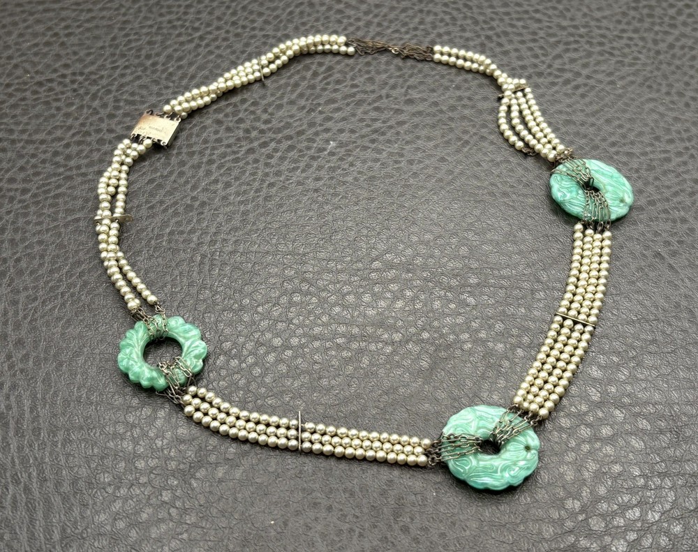 VTG Chinese Export Faux Pearl Peking Glass Donut Necklace Gold Fill Clasp READ
