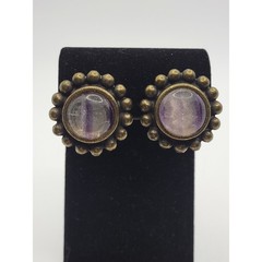 Vintage Signed Graziano Fluorite Clip On Earrings Purple Stone Cabochon Bronze