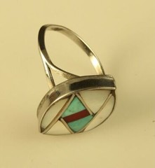 Vintage Sterling Silver Native American Marquise Shape Inlaid Multi Stone Ring