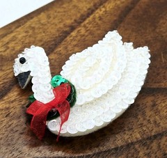 Swan Brooch Christmas Pin Sequin White with Wreath around Neck 2.25 in ELEGANT