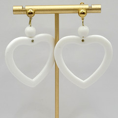White Heart Open Center Bead Drop Dangle w Ball Stud Gold Tone Vintage Earrings