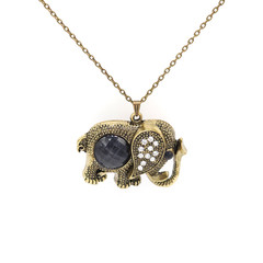 Antiqued Gold Tone Elephant Pendant Necklace Crystal Rhinestone 26in Boho