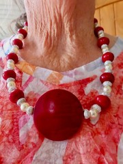 Vintage Red & Faux Pearl w/Rhinestone Red Medallion Focal