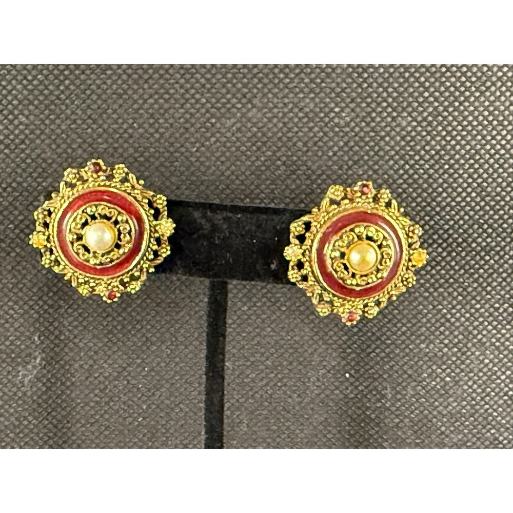 Vintage Florenza Filigree Clip‑On Earrings – Red Enamel & Pearl Center
