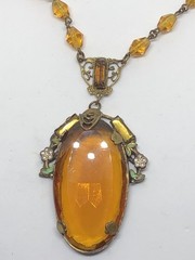 ANTIQUE ART DECO/NOUVEAU CZECH CITRINE GLASS PENDANT W/CRYSTAL CHAIN-ENAMELED