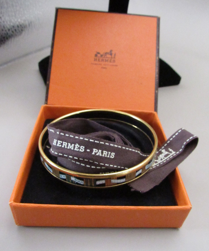 Vintage Hermes Paris Gold Enamel Bangle Bracelet with Box – Size 66 (KB-14)