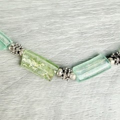 Vintage Sterling Silver Iridescent Green Roman Glass & Beaded Necklace Boho Chic