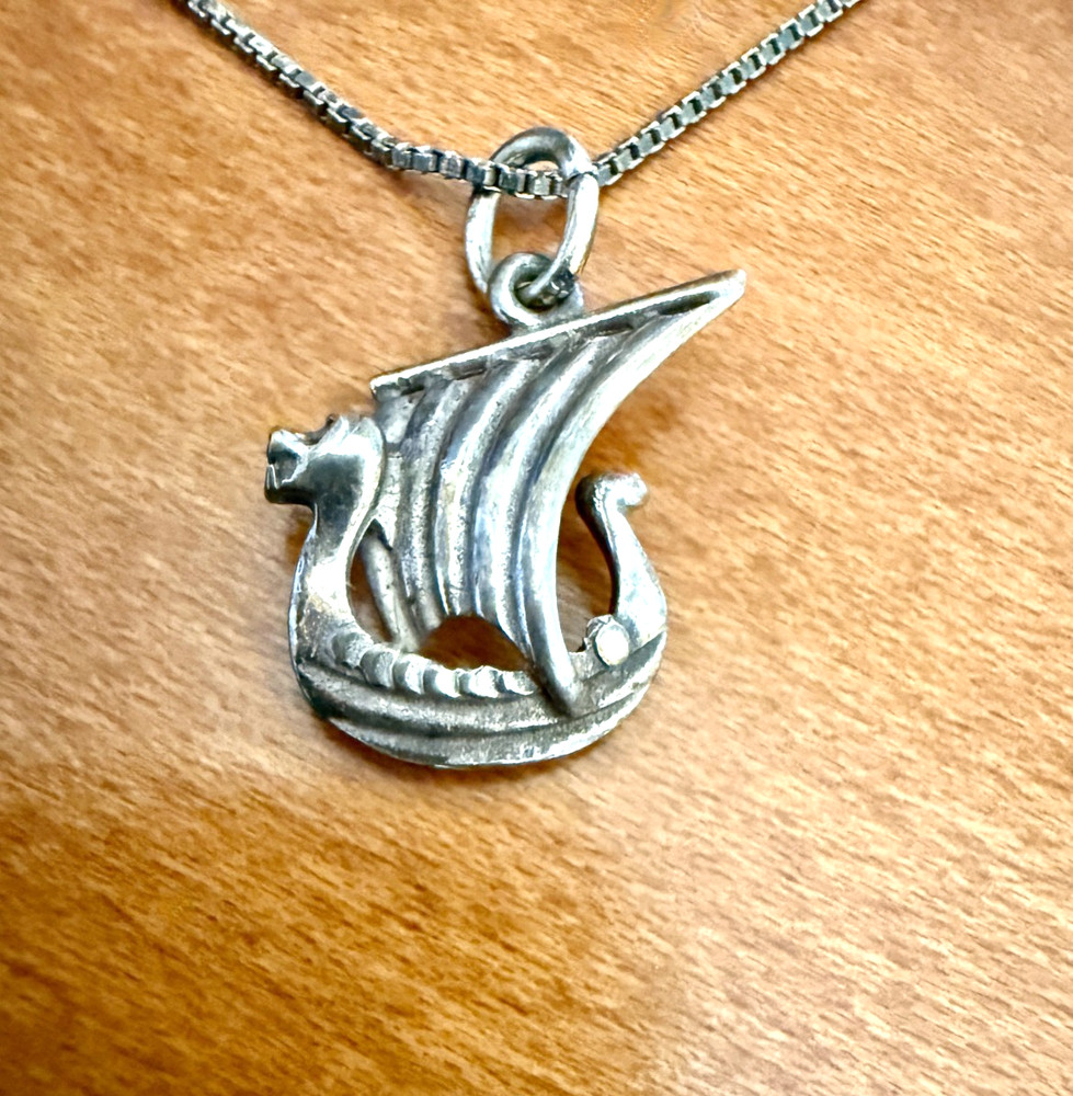 Vintage Sterling Silver 925 Viking Ship Pendant & 20 inch Necklace from Italy
