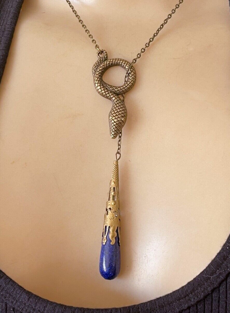 Lariat Necklace Egyptian Revival Coiled Snake Pendant Blue Lapis Lazuli Drop