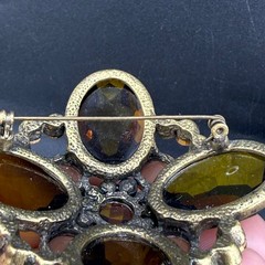 Vintage Rhinestone Brooch Brown Orange Gold Tone READ