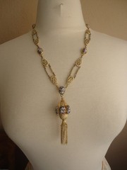 Vintage Art Glass Lavalier Filigree Tassel Necklace, Gold Tone, 22″