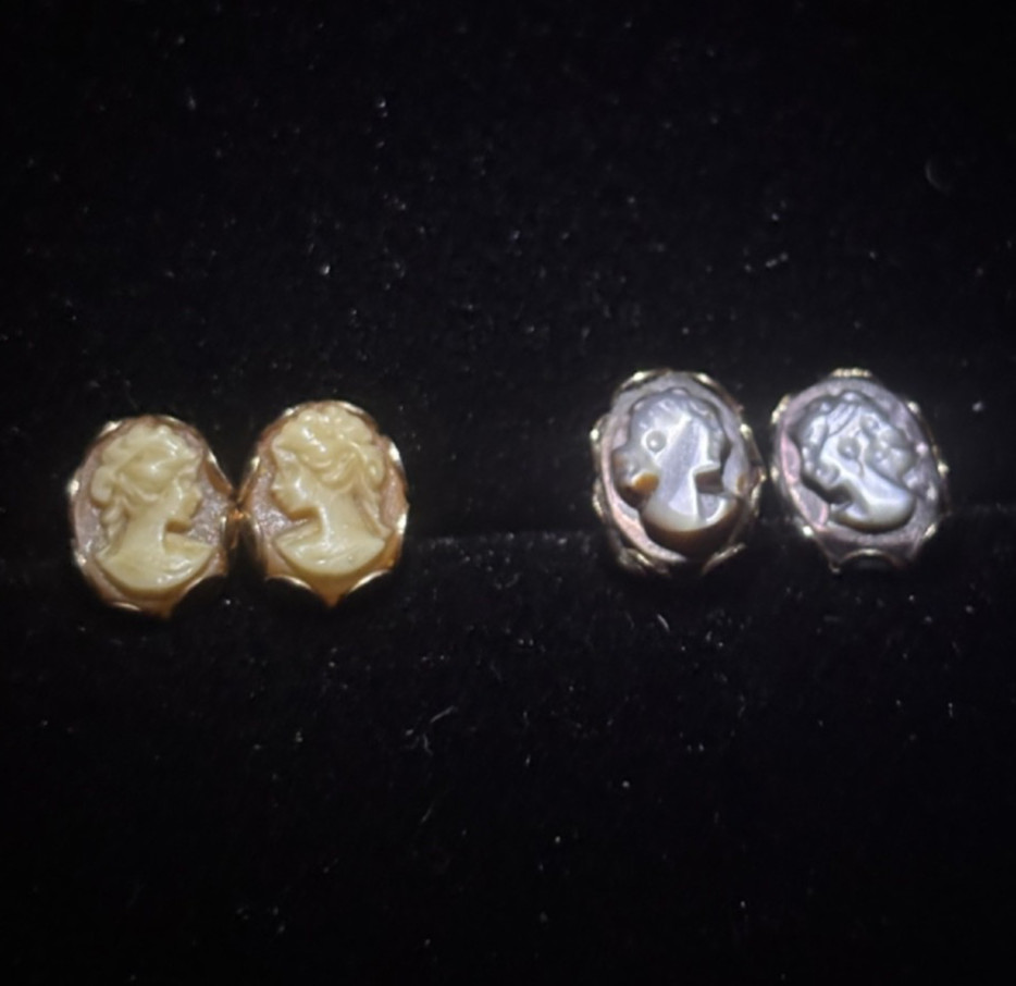 14K Shell Cameo Earrings – Two Pairs! 1930s Gold, 4 solid 14k butterfly backs
