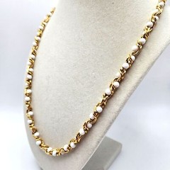 VINTAGE Gold Tone White Beaded Rope Chain Necklace