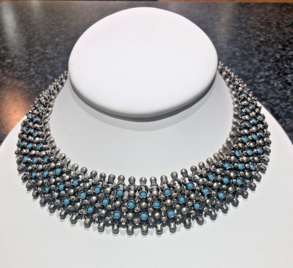 Vintage Turquoise Sterling 925 Necklace Mesh Choker Necklace 15″