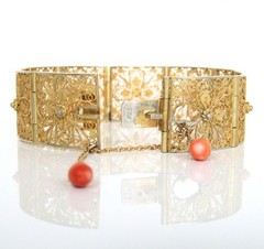 Antique Italian Gilt Silver Filigree Panel Bracelet, Natural Salmon Coral Drops