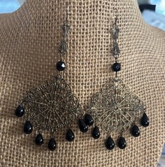 Vintage Chandelier Earrings- Filigree & black Teardrop Dangles