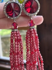 Vintage Super Long Dangle Drop Red Crystal Rivoli Pink Pearl Clip On Earrings
