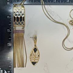 Foxy Made in Canada Gold Tone Multi Color Enamel & Fringe Pendant & Earrings Set