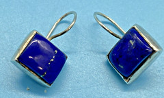 Nice Square Faux Lapis French Wire Drop Earrings Silver-Tone Square Shape VTG