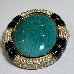 VTG Ciner Peking Green Glass Brooch Cabochon Gold Black Rhinestone, 2.25”x1.75”