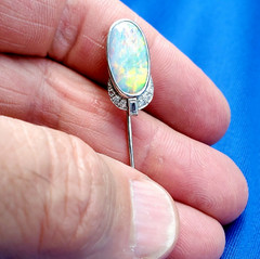 Original EARTH MINED Australian Black OPAL Art Deco DIAMOND Pin Antique PLATINUM
