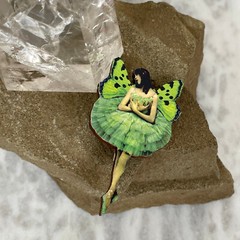 OOAK Handmade BUTTERFLY FAIRY ART BROOCH Artisan Photo Print Jewelry Laser Wood