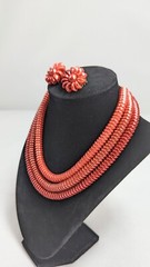 Vtg MCM 3 Strand Japan OMBRE Orange Coral Red Beads NECKLACE Clip EARRINGS SET