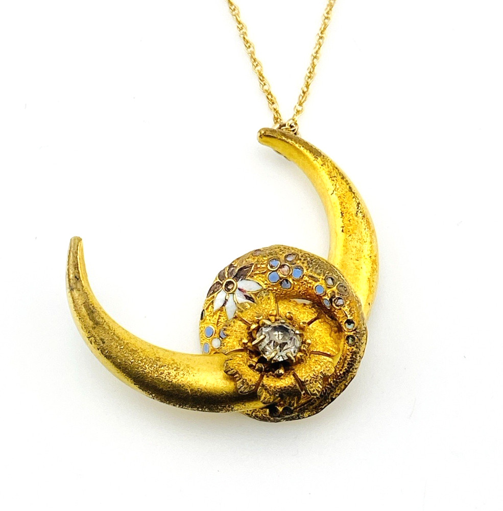 Antique Victorian Crescent Moon Brooch Pendant Glass Gold Filled Necklace