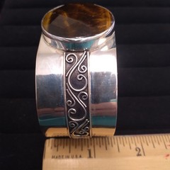 Sterling Indonesia 925 Bangle Wide Cuff with Round Faceted Tiger Eye Stone
