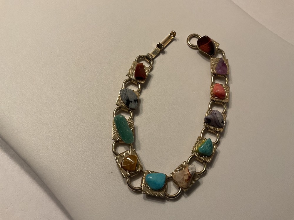 1950s 1960s Chunky Real Stones Gold Tone Metal Bracelet, MidcenturyCollectible!