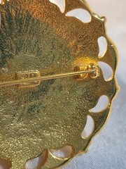 Vintage Lady Remington Round Brooch Gold Tone With Faux Red Gem