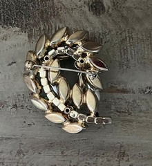 Vintage Blue Green Gold Tone Leaf Crystal Spray Navette Pearl Peacock AB Brooch