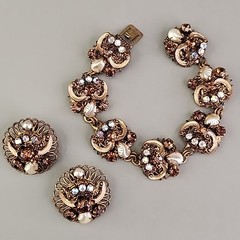 Vintage Rhinestone Bracelet Clip Earrings Set AB Western Germany Filigree Enamel