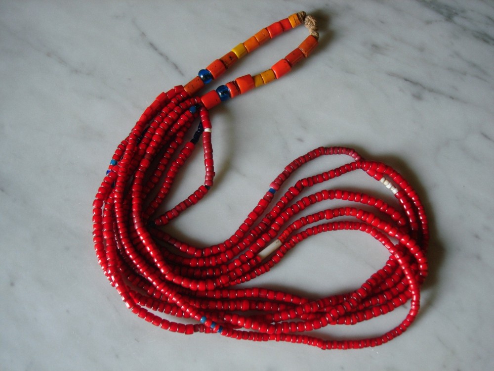 Vintage Antique Venetian Red White Heart Trade Bead Necklace