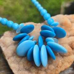 Vintage German Two Tone Blue Glass Bead Statement Necklace 15.5 in. Mid Century