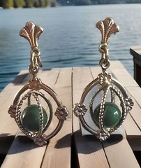 AMCO 14KT Gold Overlay Green Nephrite In A Cage Dangle Screw Back Earrings Bx15