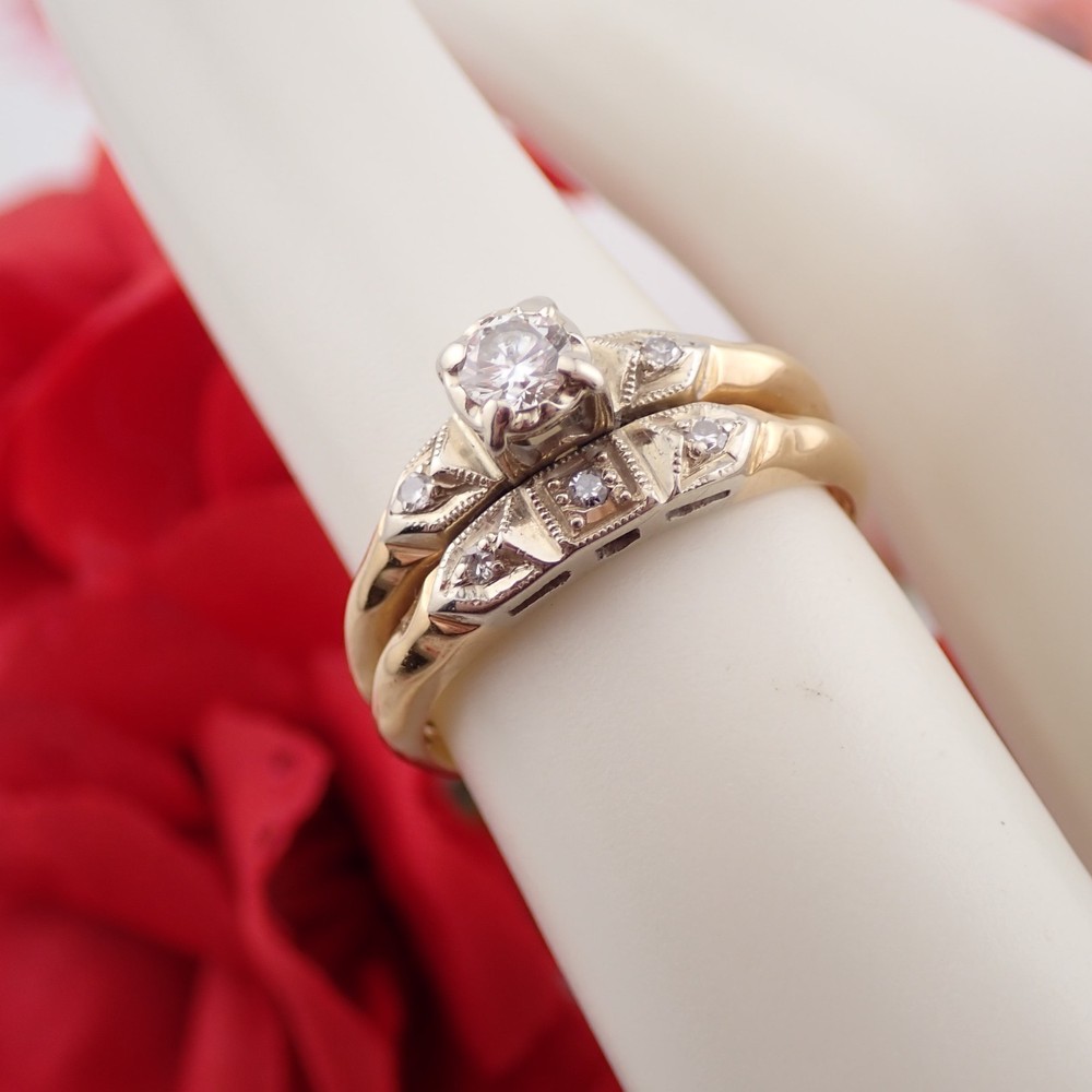 VTG 14k YG .25 Ct Diamond Center Wedding Engagement Size 5.75 Fused Ring Set