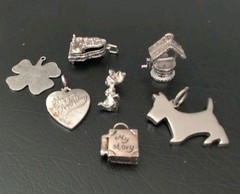 Lot Of 7 Vintage Charms for Bracelet Rabbit Scotty Book Piano Heart Wishing Well